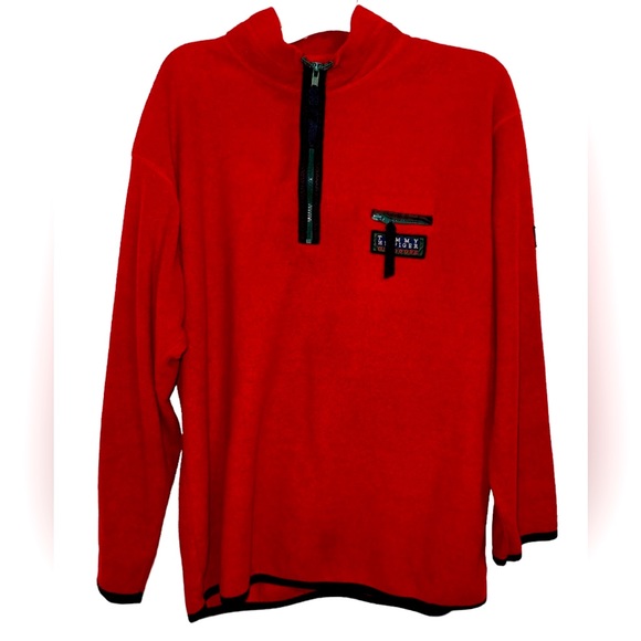 VTG 90s Tommy Hilfiger 1/4 Quarter Zip Mens Small Red Fleece Pullover Sweater - Picture 1 of 6